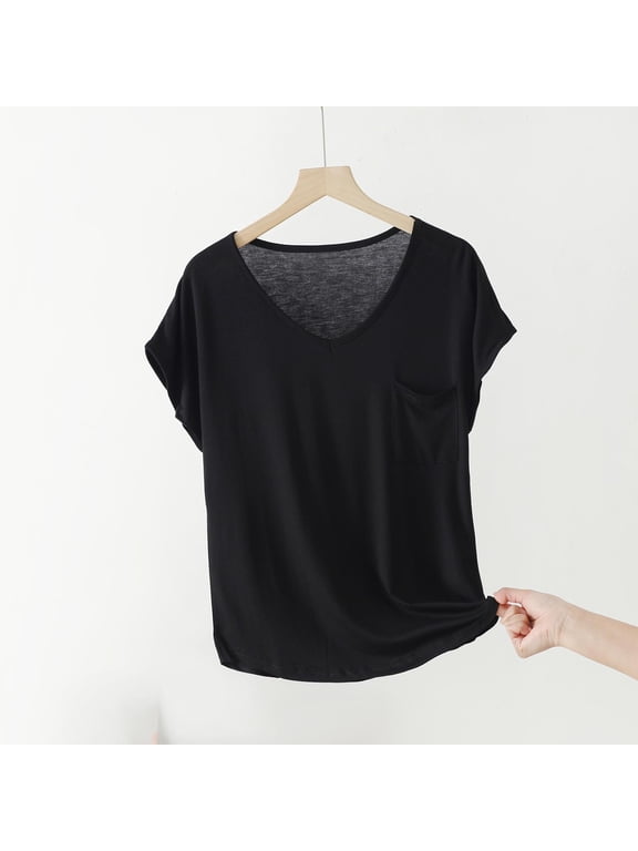 with Pocket Vacation Tops for Women Modal Black T-Shirt Short Sleeve V-Neck Hiking Tops Women