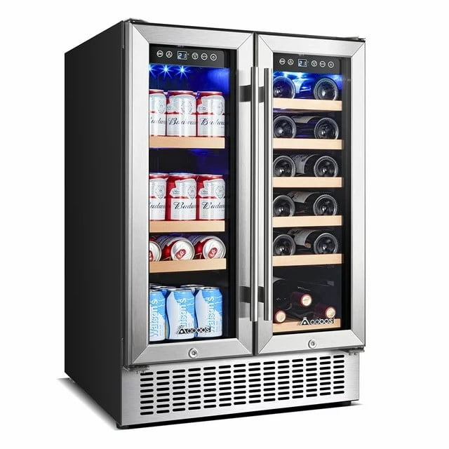 Aobosi 24in Wine and Beverage Refrigerator 2in1 for 18 Bottles & 57