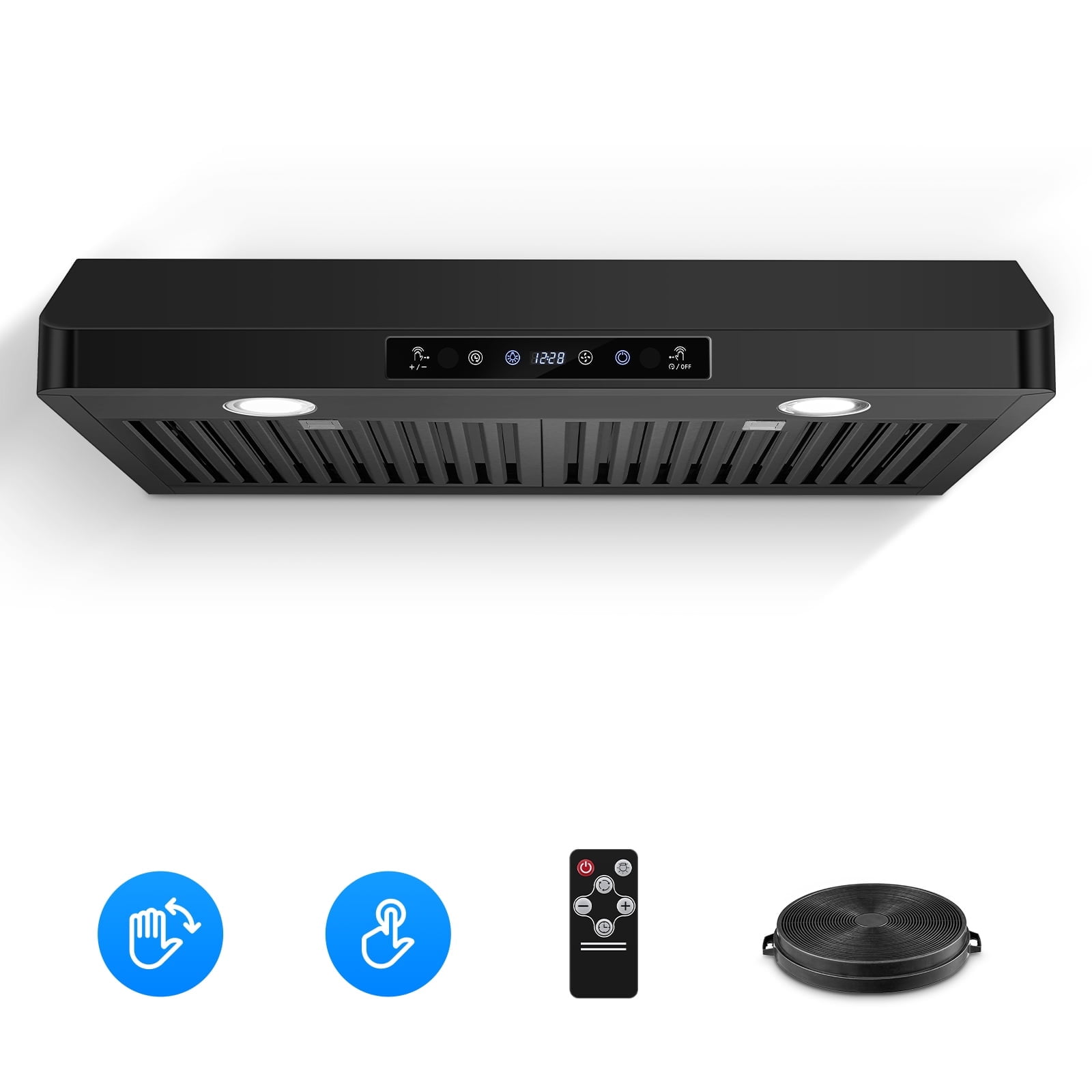 Aobosi Under Cabinet Range Hood 30 Inch, 750CFM Stainless Steel Kitchen Stove Vent Hood 3 Speed Exhaust Fan Touch/Remote/Gesture Control, Black