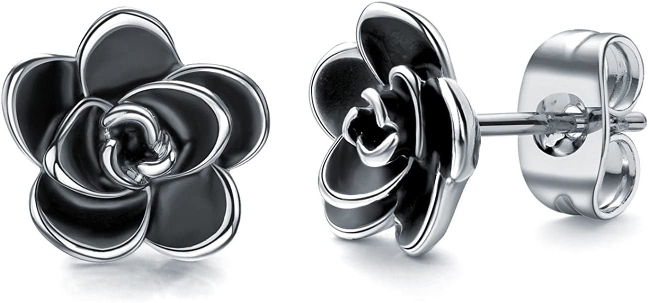 Aochakimg 18K Gold Plated Black Rose Flower Stud Earrings for Women