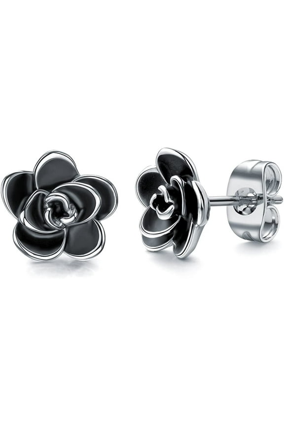 18K Gold Plated Black Rose Flower Stud Earrings for Women