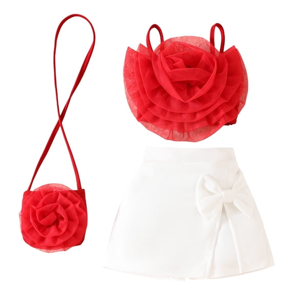 Fgnfyis Baby Girl Outfits Mesh Floral Sleeveless Top Split Shorts Mini Purse Set 3Pcs Summer Beach Red 9-12 Months