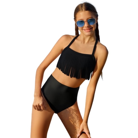 Aocisk Bikini Set Stylish Girls Bikini with Ruffle Fringe Trim Two Piece Swimwear for Beach Pool Summer Activities Girls Bathing Suit Black3 5-6 Years