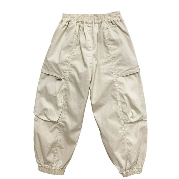 Aocisk Boys Cargo Pants Casual High Waisted Drawstring Loose Fit Pockets Streetwear for Daily Wear Khaki 6-7 Years