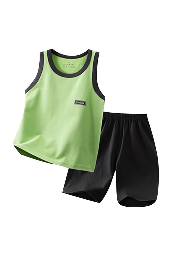 Boys Outfit Sets Casual Sports Breathable Summer Comfortable Shorts Vest T Shirt and Shorts Two Piece Set Green 3-4 Years