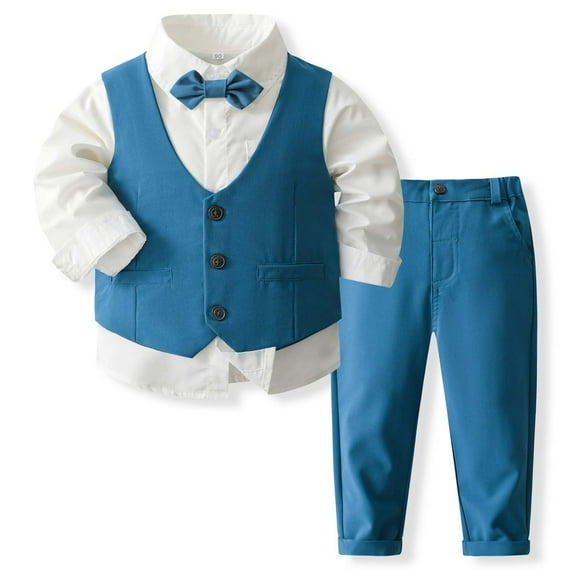 Aocisk Boys Outfit Sets Formal Shirt Vest Pants Bow Tie Suit for Kids Wedding Party Occasions Dark Blue 3-4 Years