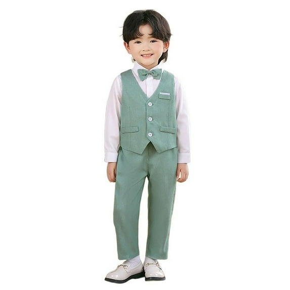 Aocisk Boys Outfit Sets Vest Suits 3 Piece Tuxedo Set Formal Suit with Vest and Pants Bowtie Skin-friendly and Comfortable Green 9-10 Years