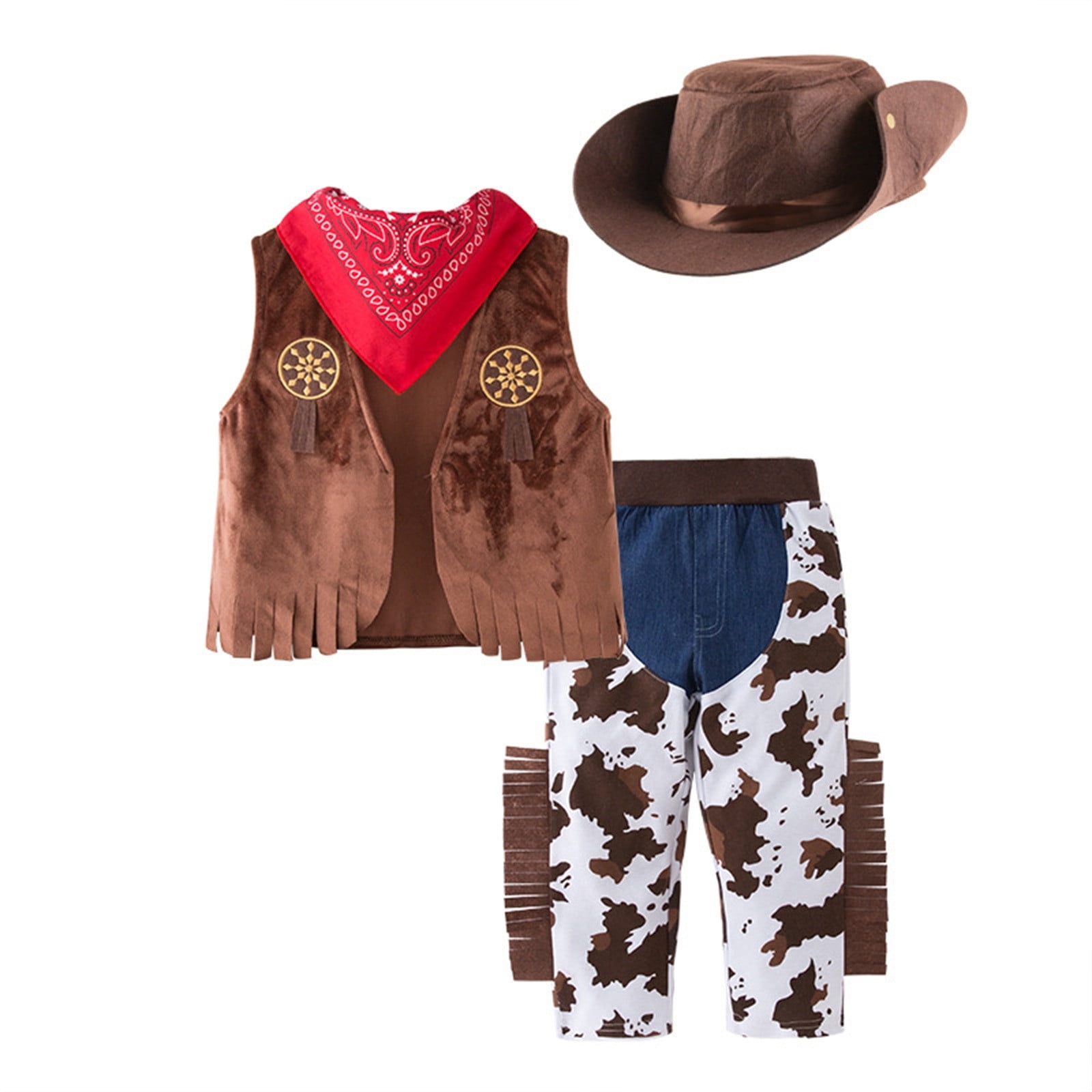 Aocisk Boys Outfits&Set Kids Toddler Baby Boys Sleeveless Western Cowboy Vest Hat Scarf Pants 4pcs Set Halloween Party Dress Up Coffee 8-9 Years