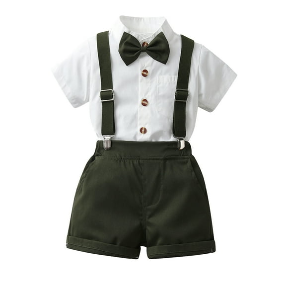 Aocisk Boys Outfits Set - Toddler Boys Short Sleeve T-Shirt Suspenders Shorts Elegant Kids Gentleman Ensemble Army Green 6-9 Months