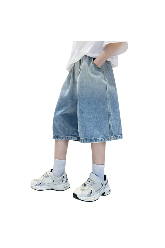 Aocisk Boys Denim Shorts Casual Straight Loose Workwear with Pockets Summer Casual Child Summer Clothes Blue_005 13-14 Years