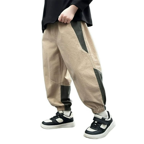 Aocisk Boys Cargo Pants Stretch Elastic Waist Twill Joggers for School Casual Wear Pants for Kids Khaki 12-13 Years