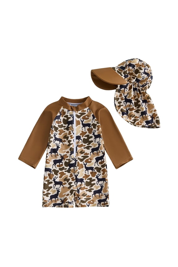 Boys Swim Set Upf 50 Sun Swimwear Long Sleeve Rash Guard and Swim Trunks with Hat for Toddler Kids Beach Pool Size 70-110 One-Piece Bathing Suit Brown 18-24 Months