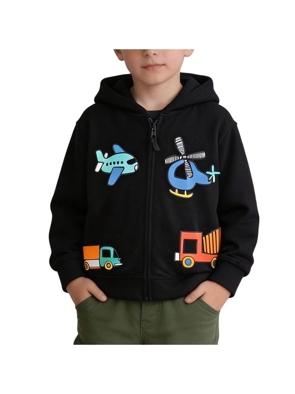Boys Zip up Hoodie Cute Airplane Truck Helicopter Print Long Sleeve Hooded Sweatshirt Casual Jacket Full Zip Hoodies for Kids