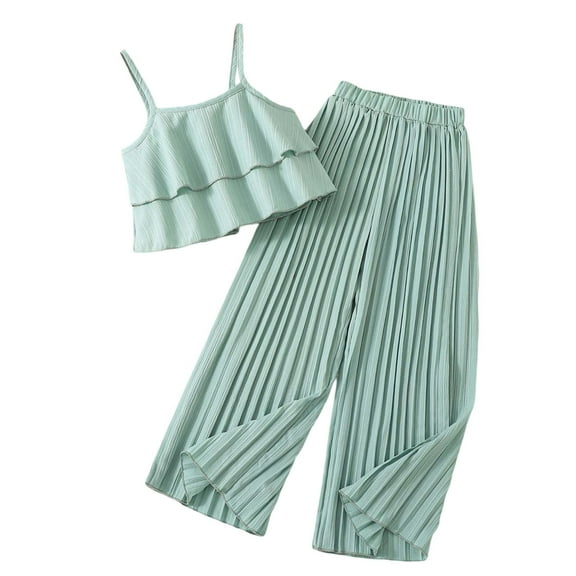 Fgnfyis Clothes Outfit Baby Girl Clothes Toddler Girl Summer Outfits Sleeveless Ruffle Halt Er Tops Wide Leg Pants Kids Clothing Set Green 9-10 Years