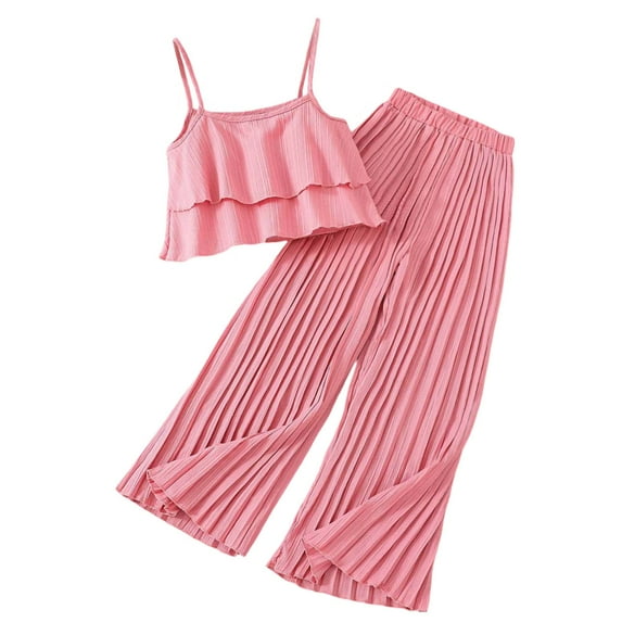 Fgnfyis Clothes Outfit Baby Girl Clothes Toddler Girl Summer Outfits Sleeveless Ruffle Halt Er Tops Wide Leg Pants Kids Clothing Set Pink 7-8 Years