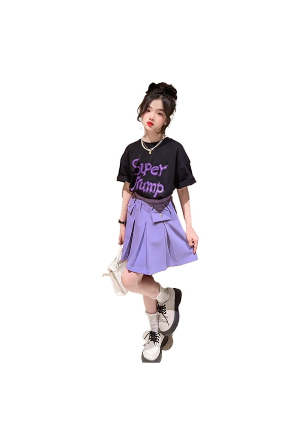 Girls Back to School Outfit Summer 2 Piece Casual Short Sleeve T Shirt and Pleated Skirt with Shorts Comfortable Breathable Purple 12-13 Years