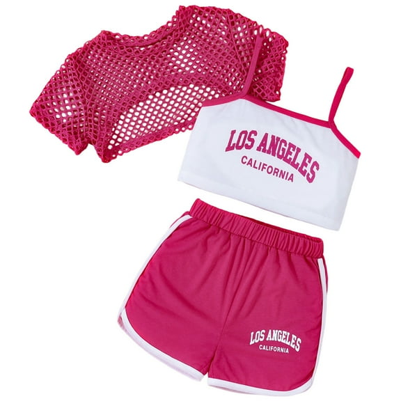 Fgnfyis Girls Clothes Outfits Summer Graphic Sporty Style Sets 3 Piece Set Sleeveless Top Mesh Cover-Up Shorts Pink 11-12 Years