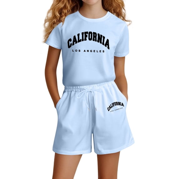 Fgnfyis Girls Outfit Sets Fashion Letter Print Casual Loose Short Sleeve Suit for Girls Skin-friendly and Comfortable Sky Blue 13-14 Years