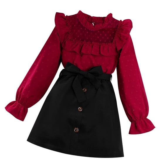 Fgnfyis Girls Outfit Sets Long Ruffled Sleeve Nylon Lace Patchwork Tops Solid Skirt 2PCS Outfits Skin-friendly and Comfortable Red 8-9 Years
