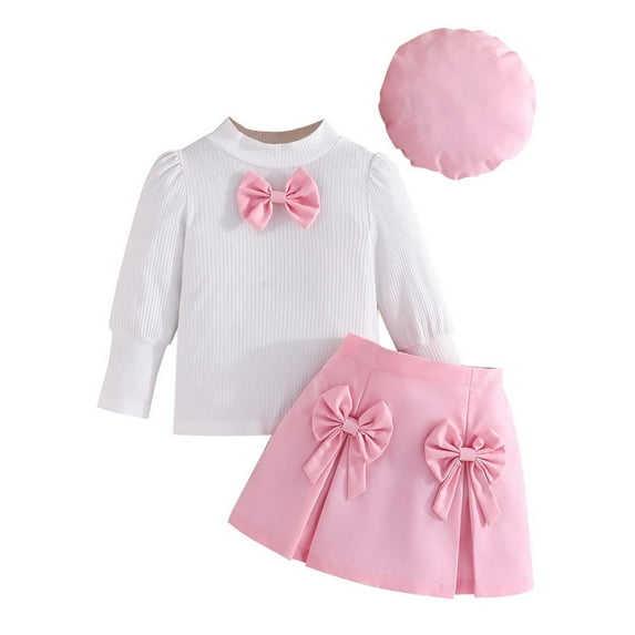 Fgnfyis Girls Outfit Sets Toddler Kids Ribbed Bow Top Skirt Hat 3 Piece Casual Outfit for School Autumn Fall School Outfits for Girls Pink 3-4 Years