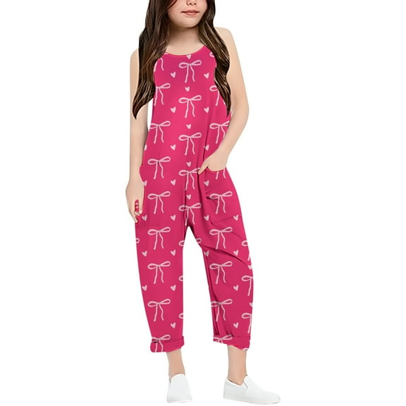 Aocisk Girls Romper Casual V Strap with Bow Print Solid Color Loose with Pocket Girls Pants Hot Pink 11-12 Years