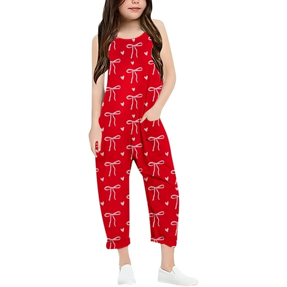 Aocisk Girls Romper Casual V Strap with Bow Print Solid Color Loose with Pocket Girls Pants Red 7-8 Years