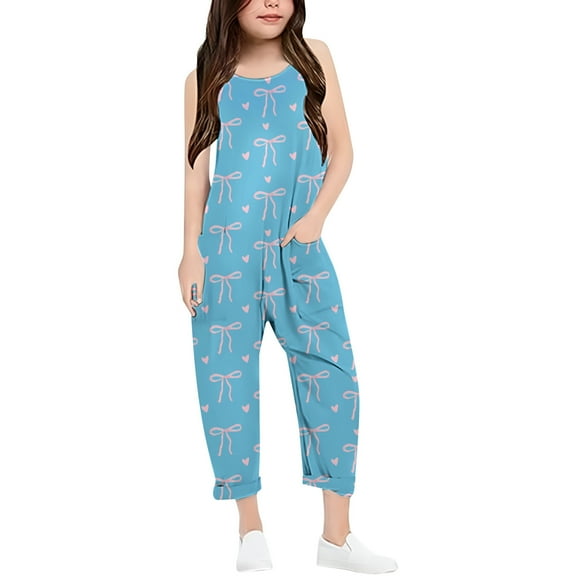 Aocisk Girls Romper Casual V Strap with Bow Print Solid Color Loose with Pocket Girls Pants Sky Blue 13-14 Years