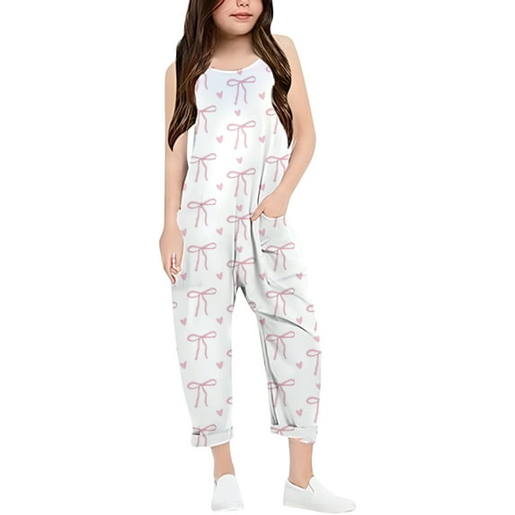 Aocisk Girls Romper Casual V Strap with Bow Print Solid Color Loose with Pocket Girls Pants White 9-10 Years