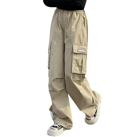 Aocisk Girls Cargo Pants Summer Lightweight Casual Outdoor Play School Elastic Waist Pockets Comfortable Breathable Loose Girls Trousers Khaki 6-7 Years