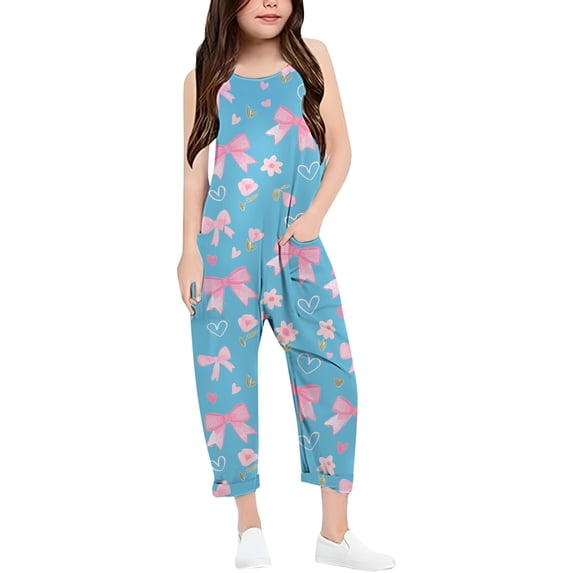Aocisk Girls Romper Printed Casual V Suspender Solid Color Loose with Pocket Spring Summer Casual Girls Pants Sky Blue 7-8 Years