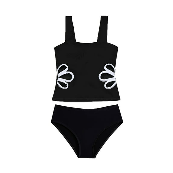 Aocisk Girls Swimsuits Adjustable Straps Tankini Two Piece Bathing Suit for Big Girls with Cut Out Design Swimming Suit for Girls Black_003 9-10 Years