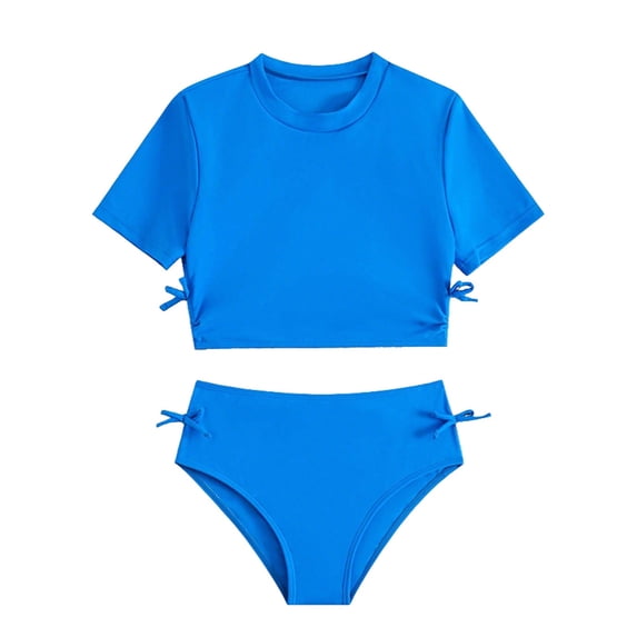 Aocisk Kids Swimsuits High Waist Two Piece Solid Color Bikini with Adjustable Ties Stylish Swimwear for and Junior Girls Bathing Suit Blue 10-11 Years