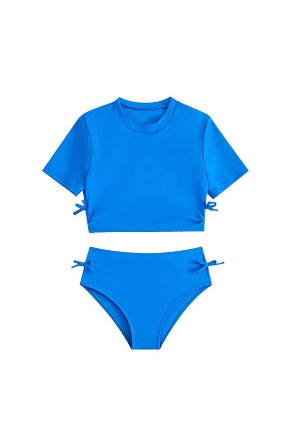 Kids Swimsuits High Waist Two Piece Solid Color Bikini with Adjustable Ties Stylish Swimwear for Teen and Junior Girls Bathing Suit Blue 7-8 Years