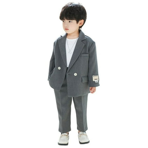 Aocisk Outfit for Kids Boys Business Suits Coat 3 Piece Tuxedo Set Formal Suit with Pants Necklace Grey 3-4 Years