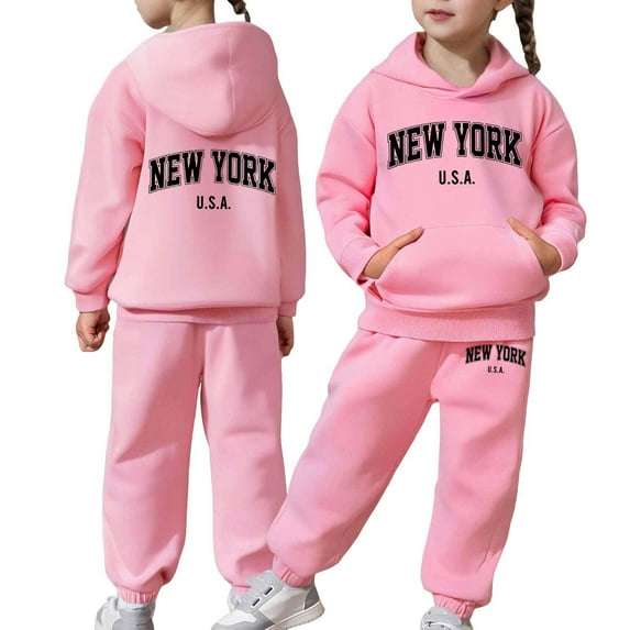 Aocisk Outfit for Kids Long Sleeve Solid Warm and Comfortable Hoodie Pullover Tops Pants Outfits Sweat Suit Pink 12-13 Years