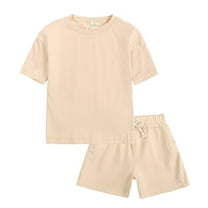 Aocisk Outfit for Kids Toddler 2 Piece Tracksuit Summer Solid Short Sleeve T Shirt with Shorts Set Beige 4-5 Years