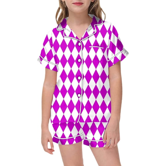 Aocisk Sleepwear Kids Childrens Fashionable Rhombus Print Button Down Lapel Short Sleeve Top Shorts Pajama Set for Kids 2 13 Years Girls Pajama Set Hot Pink 12-13 Years