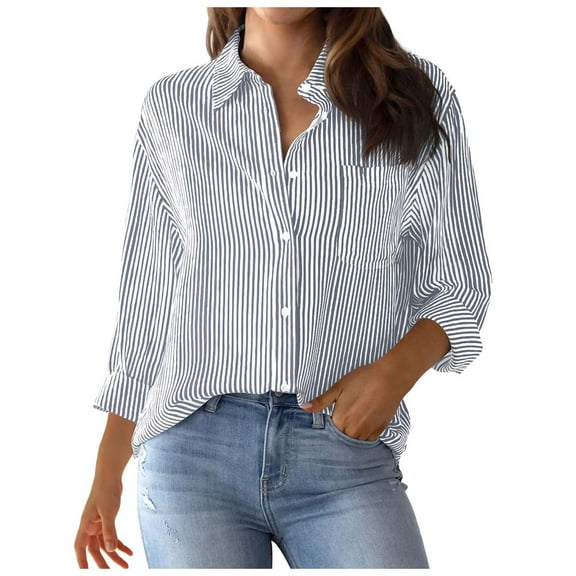 Aocisk Striped Button Down Shirts for Women Dressy Casual Long Sleeve Shirts Loose Fit V Neck Business Work Tunic Top Spring Cardigan Top with Pocket