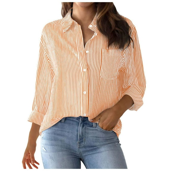 Aocisk Striped Button Down Shirts for Women Dressy Casual Long Sleeve Shirts Loose Fit V Neck Business Work Tunic Top Spring Cardigan Top with Pocket