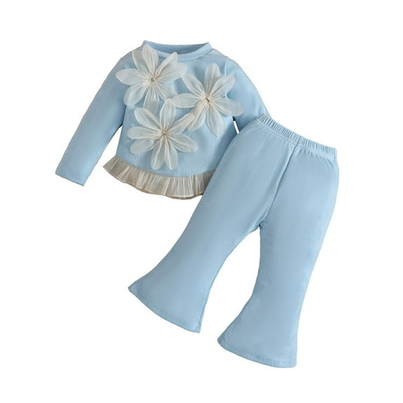 Fgnfyis Toddler Girl Outfits Long Sleeve Floral Ruffles T Shirt Tops Pants Set Skin-friendly and Comfortable Blue 12-18 Months