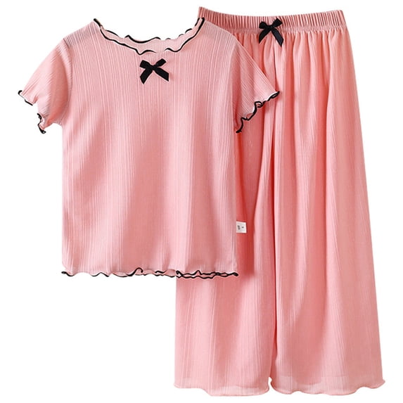 Fgnfyis Toddler Girl Outfits Summer Casual Pure Color Round Neck Ruffled Sleeve Top and Pants Wear Set Pink 12-18 Months