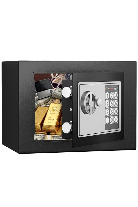 Safe, Mini Safe Box with Digital Keypad, 0.23 Cub Small Hidden Steel Security Lock Box with Key, 9.05" W x 6.69" D x 6.69" H, for Jewelry Gun Cash Use Storage money (Black)