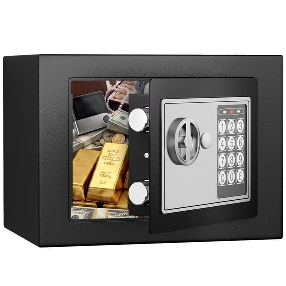 Omethey Safe, Mini Safe Box with Digital Keypad, 0.23 Cub Small Hidden Steel Security Lock Box with Key, 9.05" W x 6.69" D x 6.69" H, for Jewelry Gun Cash Use Storage money (Black)