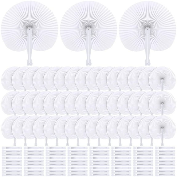 Aodaer 200 Pieces Folding Handheld Paper Fans 9 Inch White Wedding Paper Fans Round Shaped Fan with Plastic Handle for Wedding Favors Guests, DIY Decoration (Round)