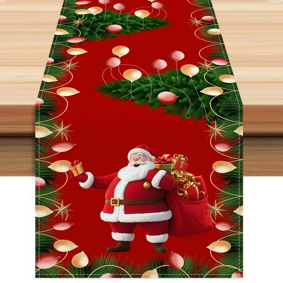 Aodebiao 13×47 inch Santa Claus Table Runner Festive Holiday Dining Decor Washable Fabric Christmas Party Tablecloth Kitchen Buffet Centerpiece Decoration