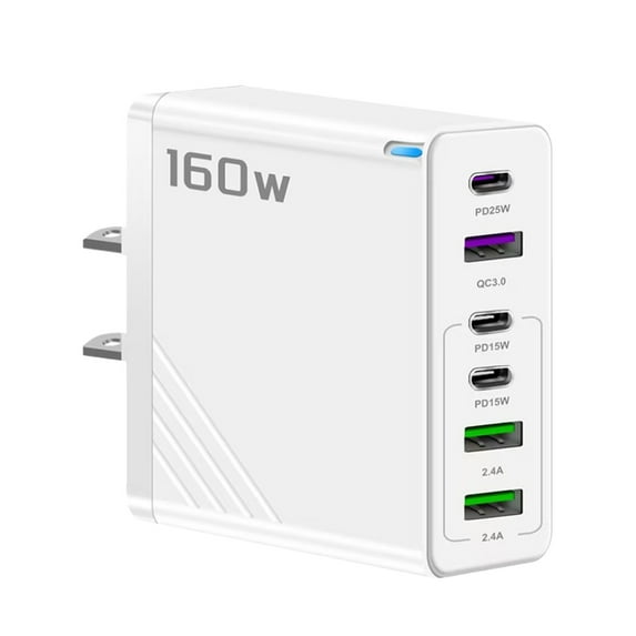 Aodebiao 160W 6-Port Fast Charger with PD & QC3.0 for iPhone Android Laptop Multi Device Charging Station Smart Power Distribution Overheat Protection Travel Office Home
