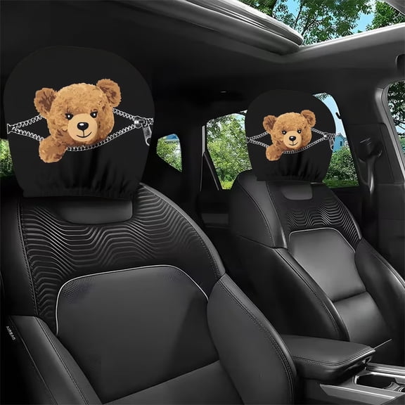 Aodebiao 1pc Evil Zippered Bear Car Pillow Cover Universal Car Headrest Cover Soft Car Seat Head Rest Cover Accessories Protector Fabric Head Rest Coverings for SUV Cars Truck Auto