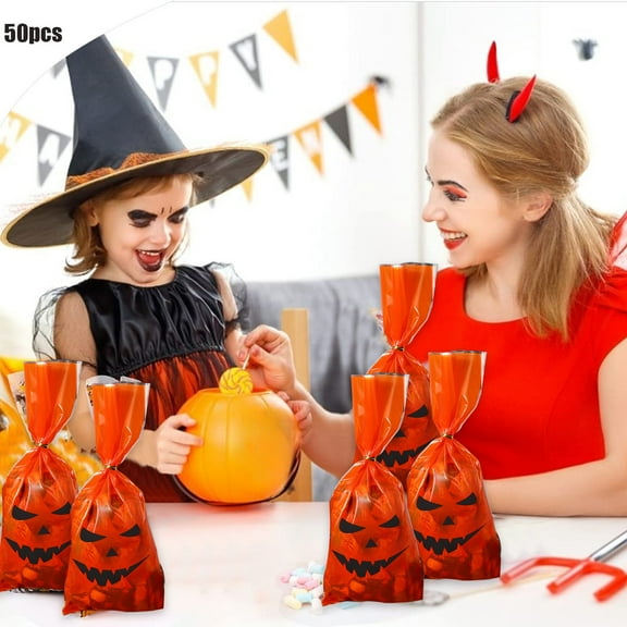 Aodebiao 50pcs Halloween Treat Bags Bulk Party Favors Waterproof Plastic Goodie Bags for Candy Toys Prizes Trick or Treat Supplies Decorations Spooky Ghost Pumpkin Witch Themed