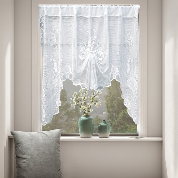 Aodebiao 70x39.37 Inch Lace Curtains with Valances Attached , Floral Embroidered Semi Sheer Window Curtain Lace Tulle Rod Pocket Window Drapes for Living Room Bedroom Balcony