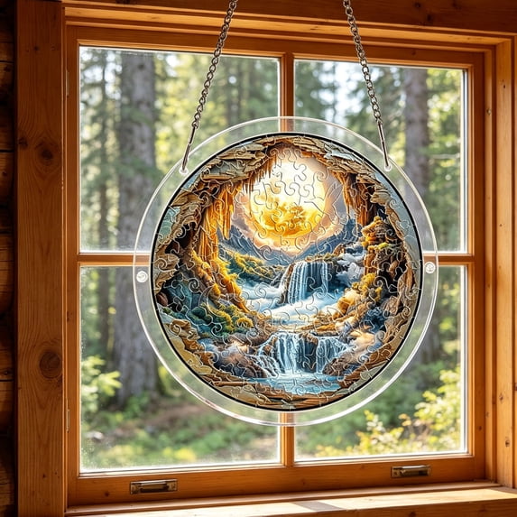 Aodebiao 83 Pieces Acrylic Puzzles Suncatcher Window Hanging DIY Craft Decor Double Sided Light Catcher Home Garden Ornament Metal Frame Chain Gift